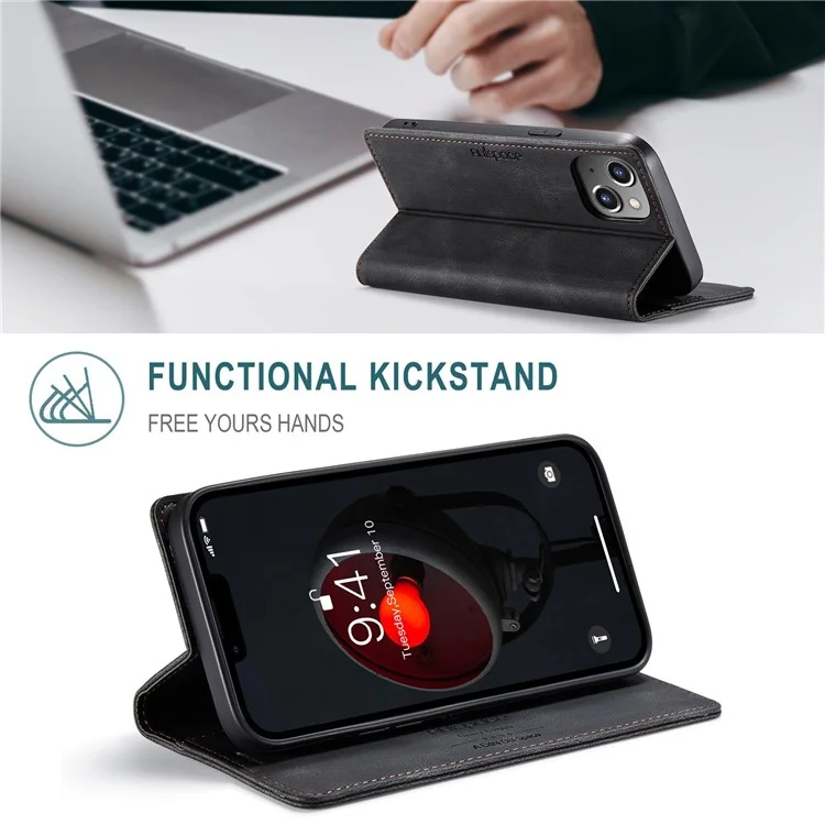 AUTSPACE A01 Series For iPhone 14 Plus Retro Matte Phone Drop-proof Case PU Leather+TPU RFID Blocking Stand Wallet Protective Cover - Black