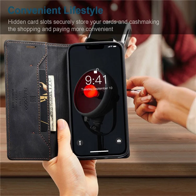AUTSPACE A01 Series For iPhone 14 Plus Retro Matte Phone Drop-proof Case PU Leather+TPU RFID Blocking Stand Wallet Protective Cover - Black