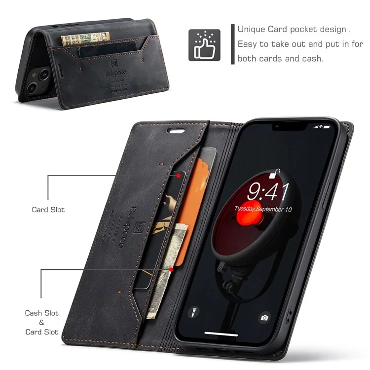 AUTSPACE A01 Series For iPhone 14 Plus Retro Matte Phone Drop-proof Case PU Leather+TPU RFID Blocking Stand Wallet Protective Cover - Black