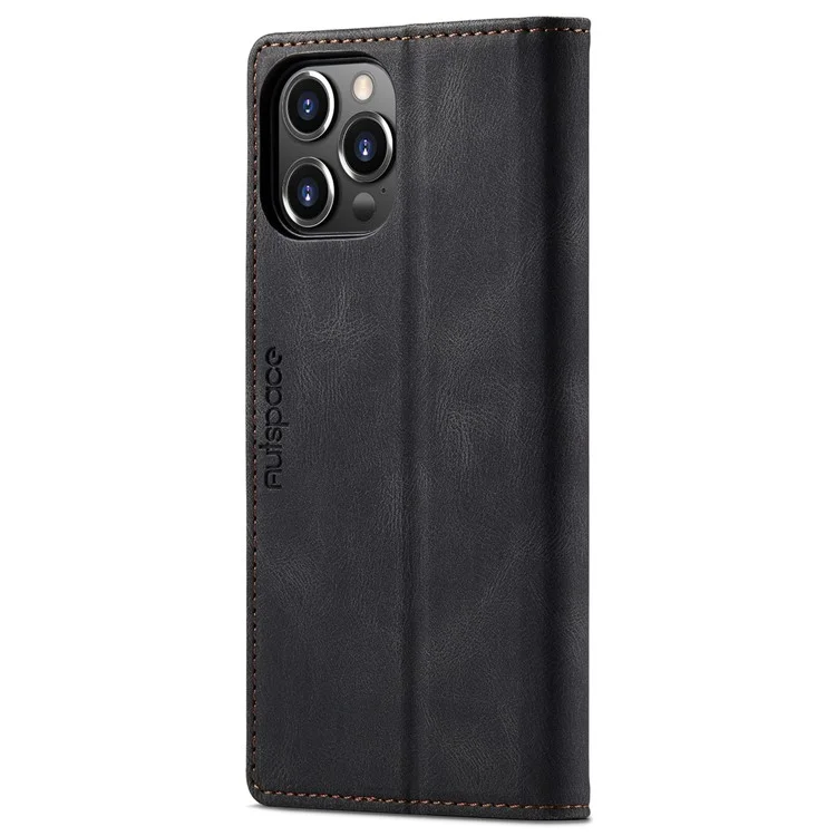 AUTSPACE A01 Series For iPhone 14 Pro Max 6.7 inch Retro Matte PU Leather Phone Full Protection Case RFID Blocking Cover with Stand Wallet - Black