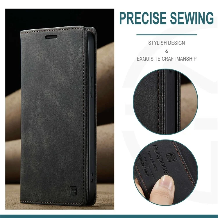AUTSPACE A01 Series For iPhone 14 Pro Max 6.7 inch Retro Matte PU Leather Phone Full Protection Case RFID Blocking Cover with Stand Wallet - Black
