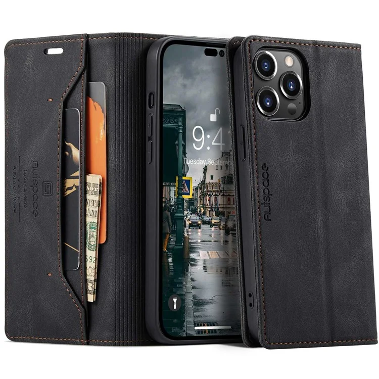 AUTSPACE A01 Series For iPhone 14 Pro 6.1 inch Retro Matte PU Leather Mobile Phone Anti-drop Case RFID Blocking Flip Stand Wallet Cover - Black