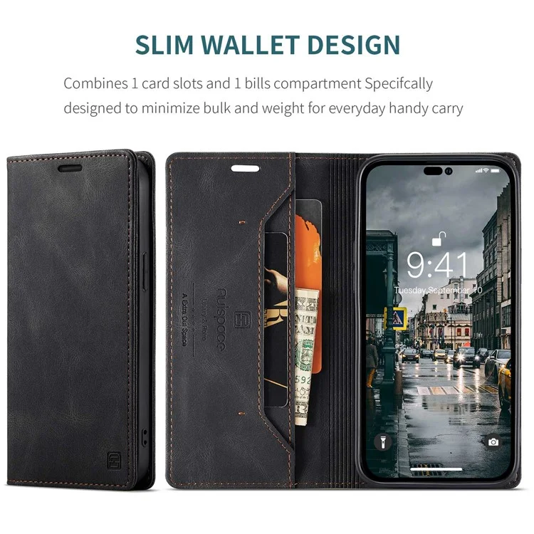AUTSPACE A01 Series For iPhone 14 Pro 6.1 inch Retro Matte PU Leather Mobile Phone Anti-drop Case RFID Blocking Flip Stand Wallet Cover - Black