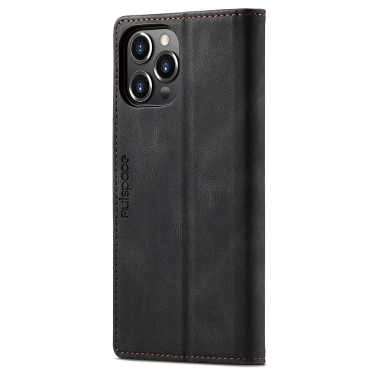 AUTSPACE A01 Series For iPhone 14 Pro 6.1 inch Retro Matte PU Leather Mobile Phone Anti-drop Case RFID Blocking Flip Stand Wallet Cover - Black