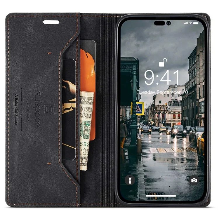 AUTSPACE A01 Series For iPhone 14 Pro 6.1 inch Retro Matte PU Leather Mobile Phone Anti-drop Case RFID Blocking Flip Stand Wallet Cover - Black