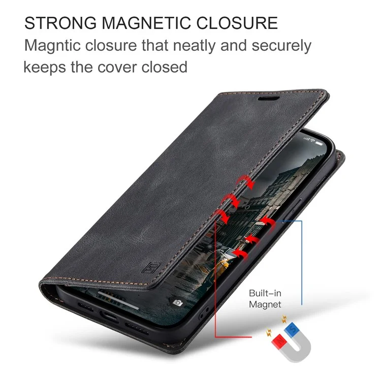 AUTSPACE A01 Series For iPhone 14 Pro 6.1 inch Retro Matte PU Leather Mobile Phone Anti-drop Case RFID Blocking Flip Stand Wallet Cover - Black