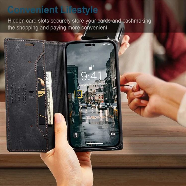 AUTSPACE A01 Series For iPhone 14 Pro 6.1 inch Retro Matte PU Leather Mobile Phone Anti-drop Case RFID Blocking Flip Stand Wallet Cover - Black