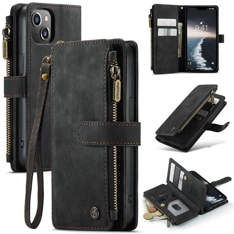 CASEME C30 Series Multiple Card Slots Case for iPhone 14 6.1 inch, Zipper Pocket Wallet PU Leather Stand Phone Cover with Strap - Black