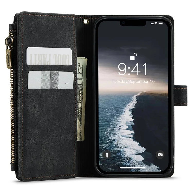 CASEME C30 Series Multiple Card Slots Case for iPhone 14 6.1 inch, Zipper Pocket Wallet PU Leather Stand Phone Cover with Strap - Black