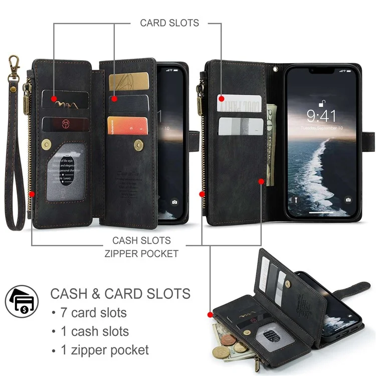 CASEME C30 Series Multiple Card Slots Case for iPhone 14 6.1 inch, Zipper Pocket Wallet PU Leather Stand Phone Cover with Strap - Black