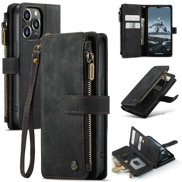CASEME C30 Series para iPhone 14 Pro 6.1 pulgadas Funda de cartera con cremallera de piel sintética Soporte de múltiples ranuras para tarjetas Cubierta con correa - Negro