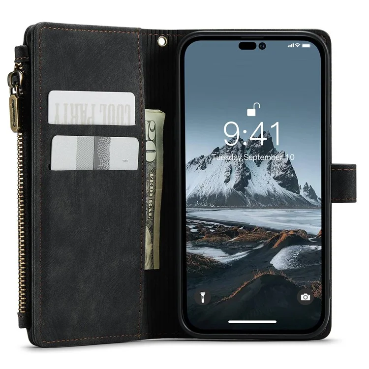 CASEME C30 Series para iPhone 14 Pro 6.1 pulgadas Funda de cartera con cremallera de piel sintética Soporte de múltiples ranuras para tarjetas Cubierta con correa - Negro