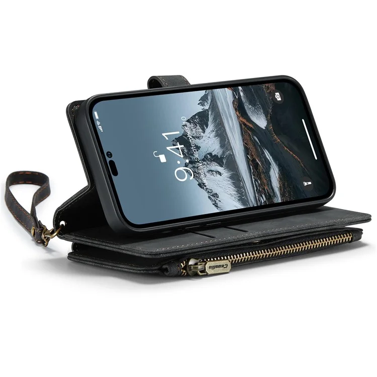 CASEME C30 Series para iPhone 14 Pro 6.1 pulgadas Funda de cartera con cremallera de piel sintética Soporte de múltiples ranuras para tarjetas Cubierta con correa - Negro