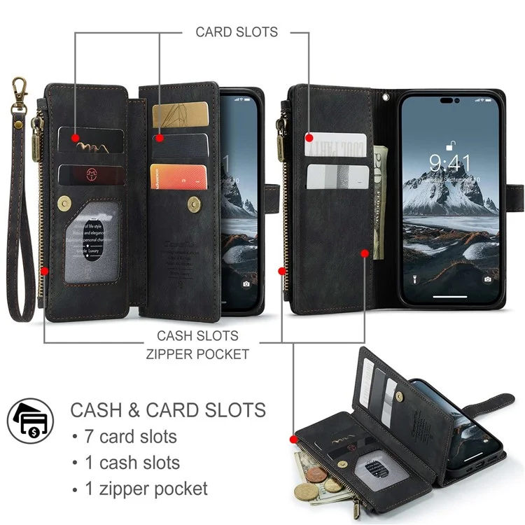 CASEME C30 Series para iPhone 14 Pro 6.1 pulgadas Funda de cartera con cremallera de piel sintética Soporte de múltiples ranuras para tarjetas Cubierta con correa - Negro