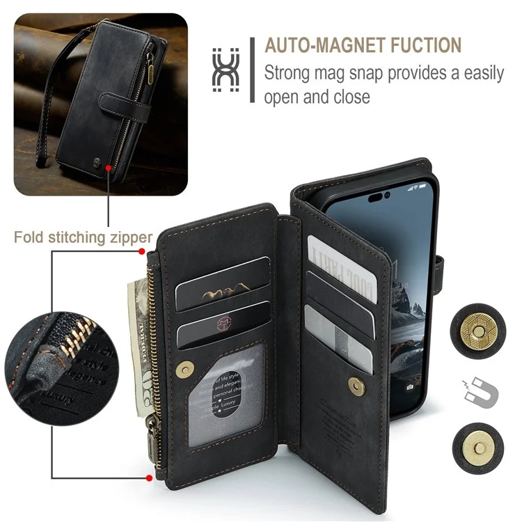 CASEME C30 Series para iPhone 14 Pro 6.1 pulgadas Funda de cartera con cremallera de piel sintética Soporte de múltiples ranuras para tarjetas Cubierta con correa - Negro
