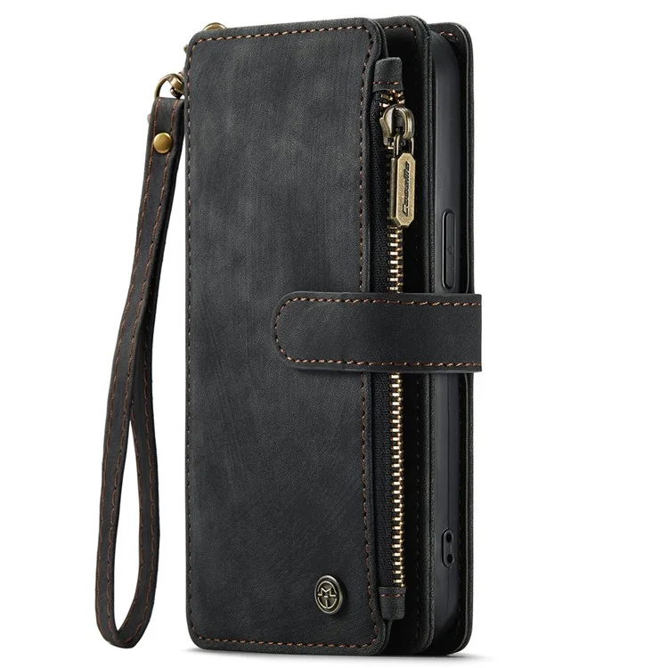 CASEME C30 Series para iPhone 14 Pro 6.1 pulgadas Funda de cartera con cremallera de piel sintética Soporte de múltiples ranuras para tarjetas Cubierta con correa - Negro