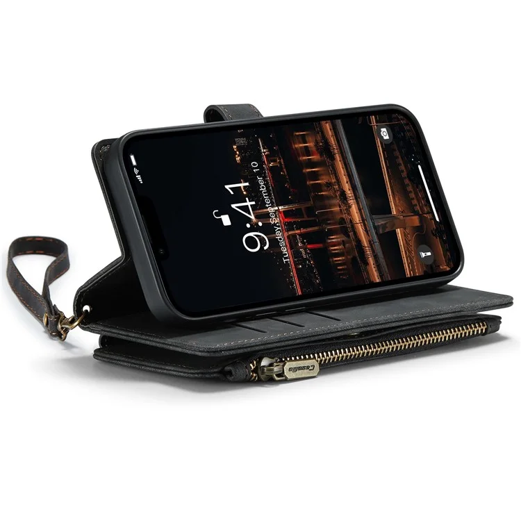 CASEME C30 Series per iPhone 14 Plus Custodia Porta Carte Portafoglio con Cerniera Supporto per Telefono Cover in Pelle PU con Molteplici Slot per Carte - Nero