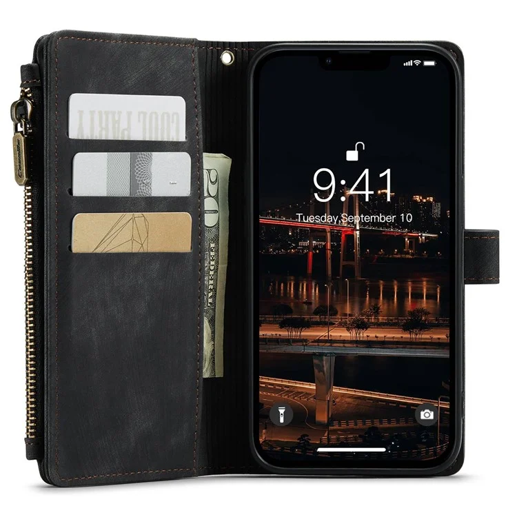 CASEME C30 Series per iPhone 14 Plus Custodia Porta Carte Portafoglio con Cerniera Supporto per Telefono Cover in Pelle PU con Molteplici Slot per Carte - Nero