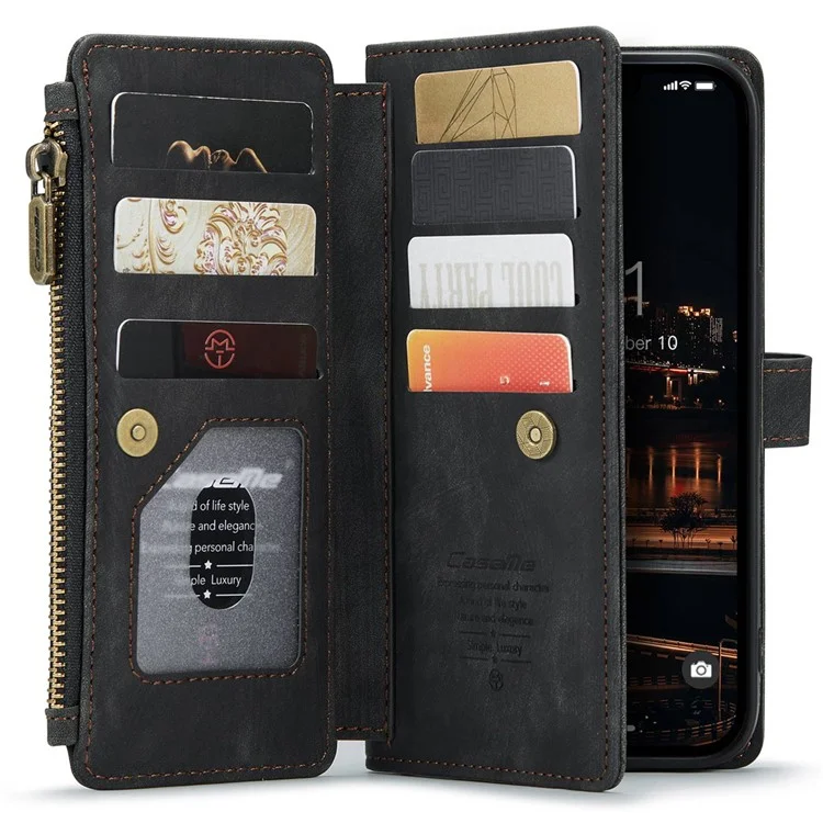 CASEME C30 Series per iPhone 14 Plus Custodia Porta Carte Portafoglio con Cerniera Supporto per Telefono Cover in Pelle PU con Molteplici Slot per Carte - Nero