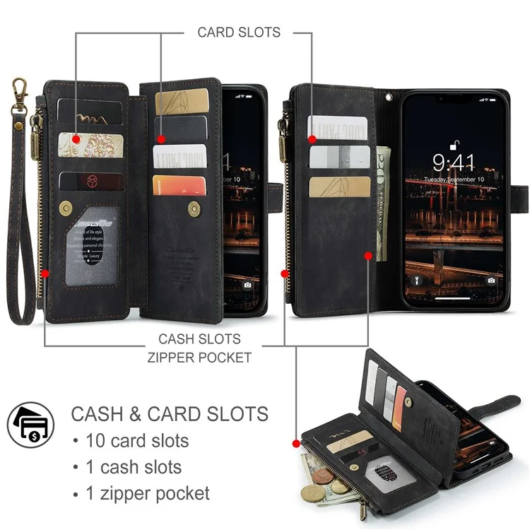 CASEME C30 Series per iPhone 14 Plus Custodia Porta Carte Portafoglio con Cerniera Supporto per Telefono Cover in Pelle PU con Molteplici Slot per Carte - Nero