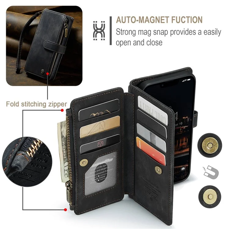 CASEME C30 Series per iPhone 14 Plus Custodia Porta Carte Portafoglio con Cerniera Supporto per Telefono Cover in Pelle PU con Molteplici Slot per Carte - Nero