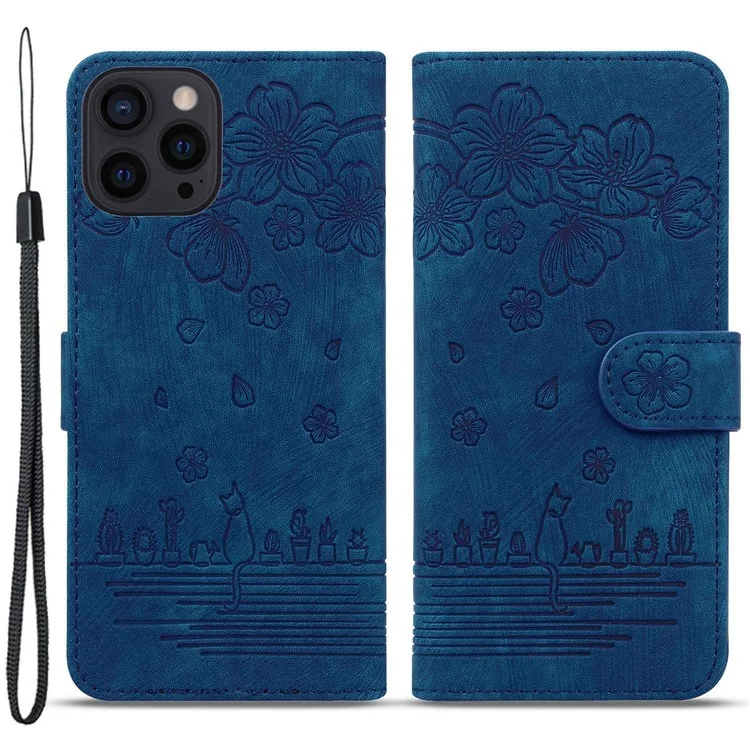 Cherry Blossom Cat Imprinted Case for iPhone 14 6.1 inch, Stand PU Leather Anti-drop Phone Wallet Cover with Strap - Blue