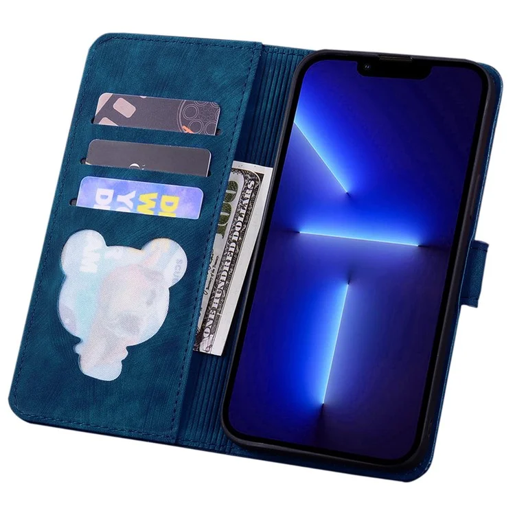 Cherry Blossom Cat Imprinted Case for iPhone 14 6.1 inch, Stand PU Leather Anti-drop Phone Wallet Cover with Strap - Blue