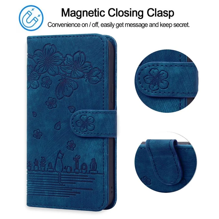 Cherry Blossom Cat Imprinted Case for iPhone 14 6.1 inch, Stand PU Leather Anti-drop Phone Wallet Cover with Strap - Blue