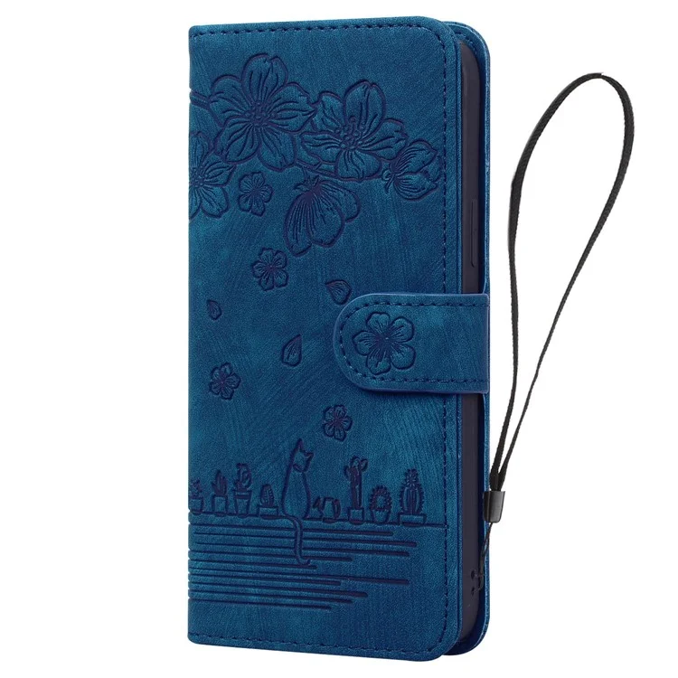 Cherry Blossom Cat Imprinted Case for iPhone 14 6.1 inch, Stand PU Leather Anti-drop Phone Wallet Cover with Strap - Blue
