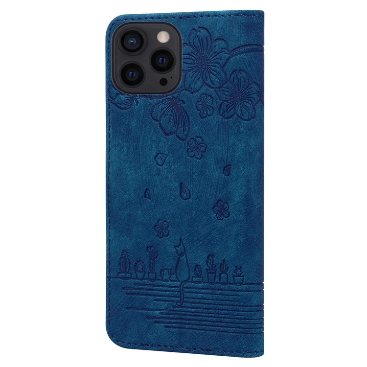 Cherry Blossom Cat Imprinted Case for iPhone 14 6.1 inch, Stand PU Leather Anti-drop Phone Wallet Cover with Strap - Blue