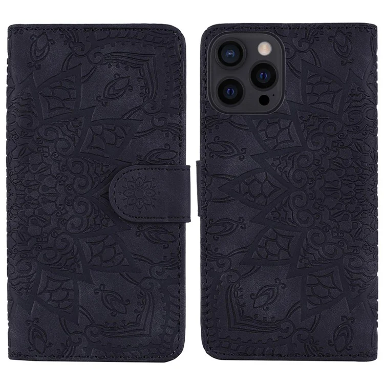 For iPhone 14 6.1 inch Imprint Flower Phone Cover Well-protected Wallet Design Calf Texture Leather Cover with Stand - Black