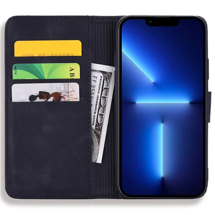 For iPhone 14 6.1 inch Imprint Flower Phone Cover Well-protected Wallet Design Calf Texture Leather Cover with Stand - Black