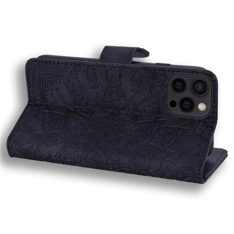 For iPhone 14 6.1 inch Imprint Flower Phone Cover Well-protected Wallet Design Calf Texture Leather Cover with Stand - Black