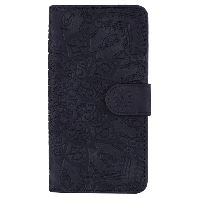 For iPhone 14 6.1 inch Imprint Flower Phone Cover Well-protected Wallet Design Calf Texture Leather Cover with Stand - Black