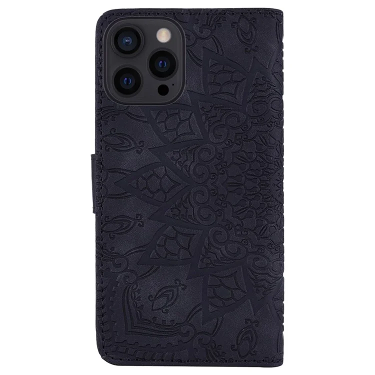 For iPhone 14 6.1 inch Imprint Flower Phone Cover Well-protected Wallet Design Calf Texture Leather Cover with Stand - Black