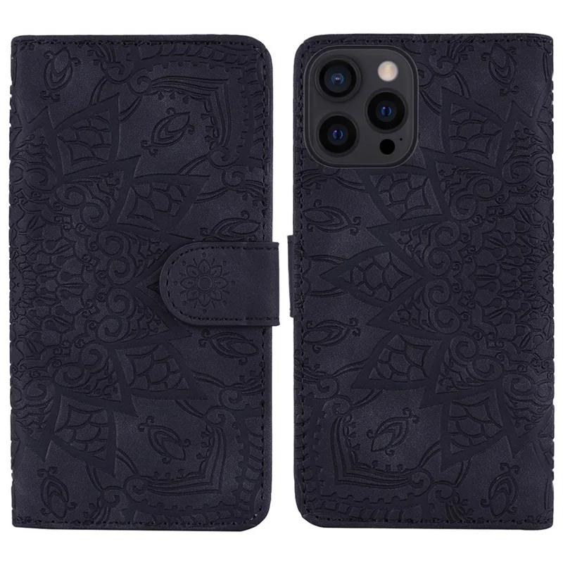 For iPhone 14 Pro 6.1 inch Imprint Flower Phone Flip Cover Wallet Design Calf Texture Leather Cover with Stand - Black