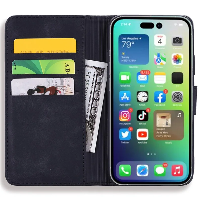 For iPhone 14 Pro 6.1 inch Imprint Flower Phone Flip Cover Wallet Design Calf Texture Leather Cover with Stand - Black