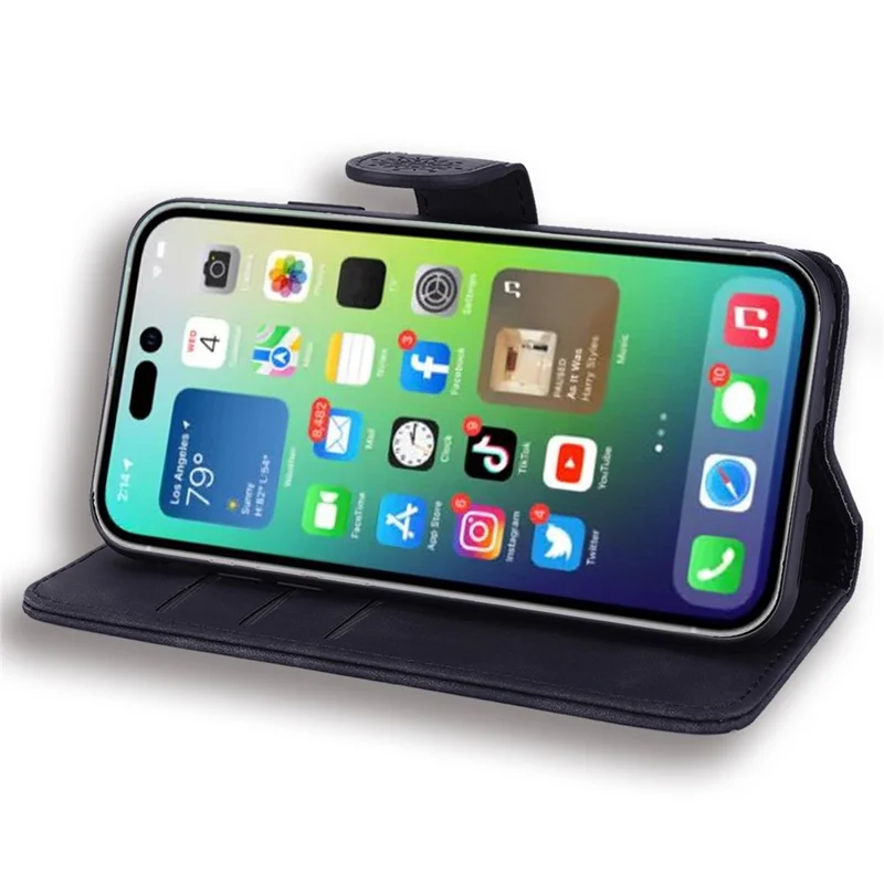 For iPhone 14 Pro 6.1 inch Imprint Flower Phone Flip Cover Wallet Design Calf Texture Leather Cover with Stand - Black