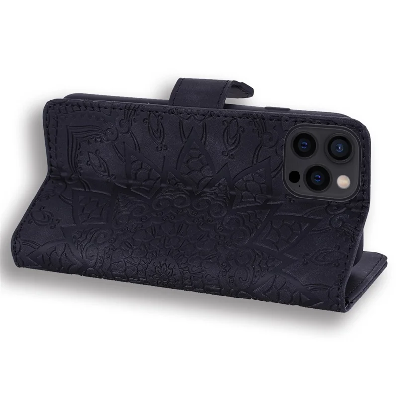 For iPhone 14 Pro 6.1 inch Imprint Flower Phone Flip Cover Wallet Design Calf Texture Leather Cover with Stand - Black