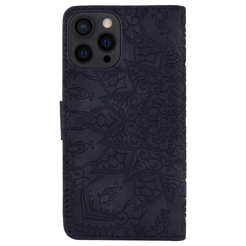 For iPhone 14 Pro 6.1 inch Imprint Flower Phone Flip Cover Wallet Design Calf Texture Leather Cover with Stand - Black