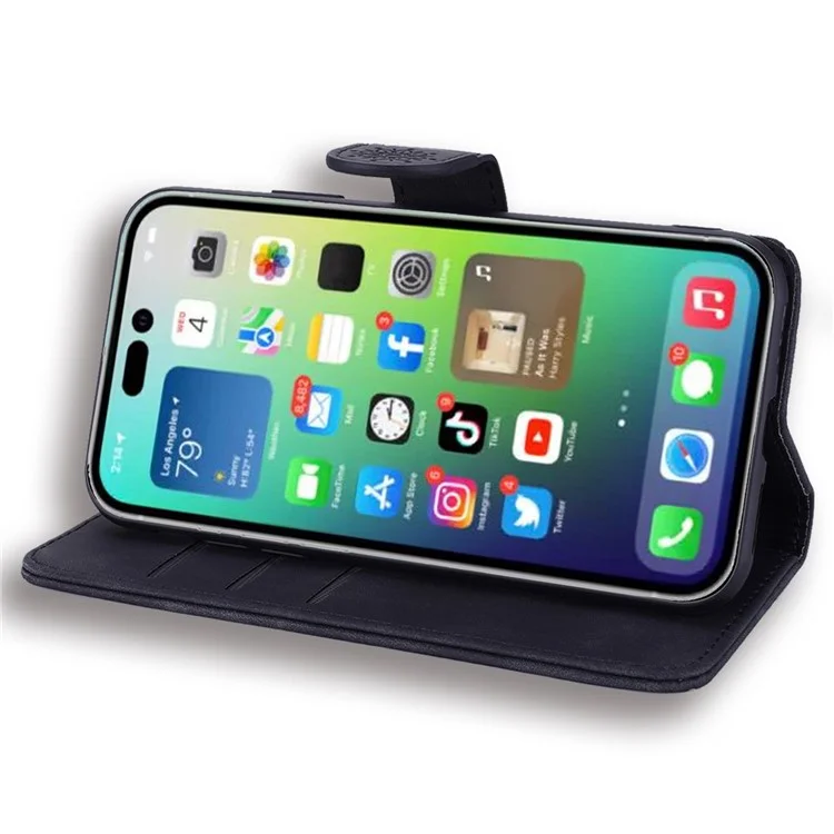 For iPhone 14 Pro Max 6.7 inch Imprint Flower Shockproof Phone Cover Wallet Design Calf Texture Leather Cover with Stand - Black