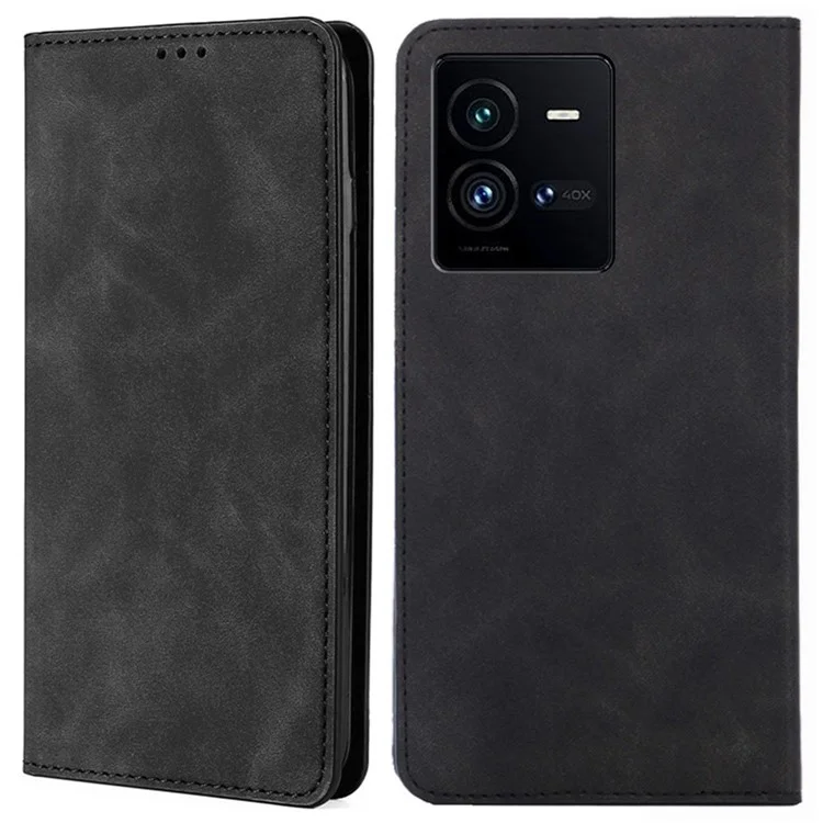 Für vivo iQOO 10 Pro 5G Skin-touch Stand Card Holder Phone Case PU Leder Verborgene Magnetische Absorption Folio Flip Cover - Schwarz