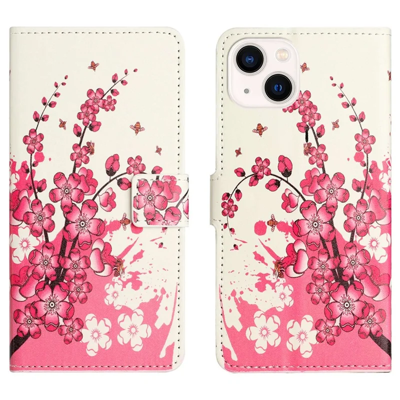 For iPhone 14 6.1 inch Wallet Stand Book Style Magnetic Clasp PU Leather Case Pattern Printing Phone Cover - Plum Blossom
