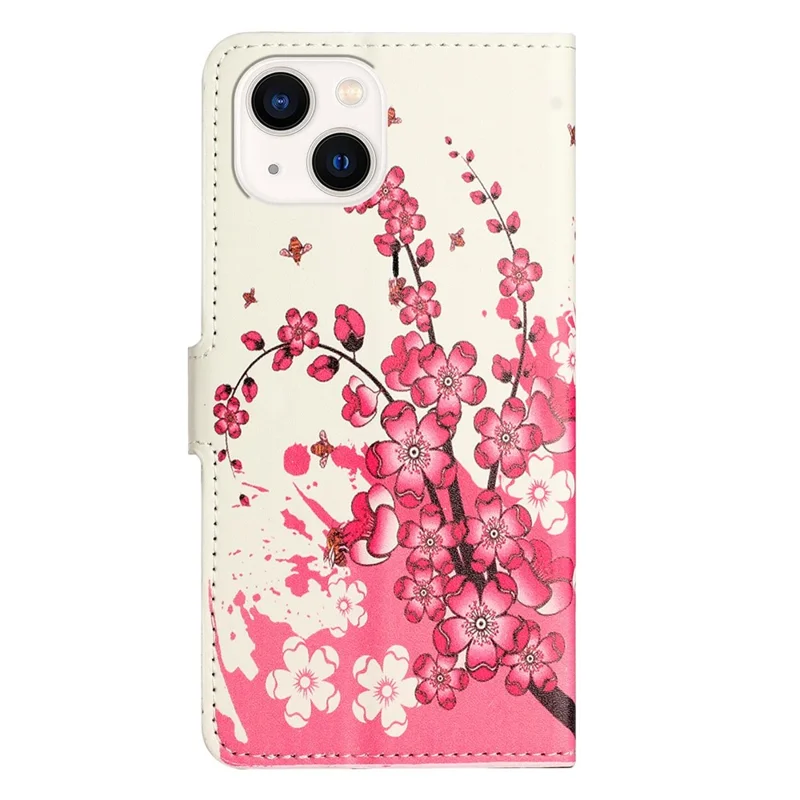 For iPhone 14 6.1 inch Wallet Stand Book Style Magnetic Clasp PU Leather Case Pattern Printing Phone Cover - Plum Blossom