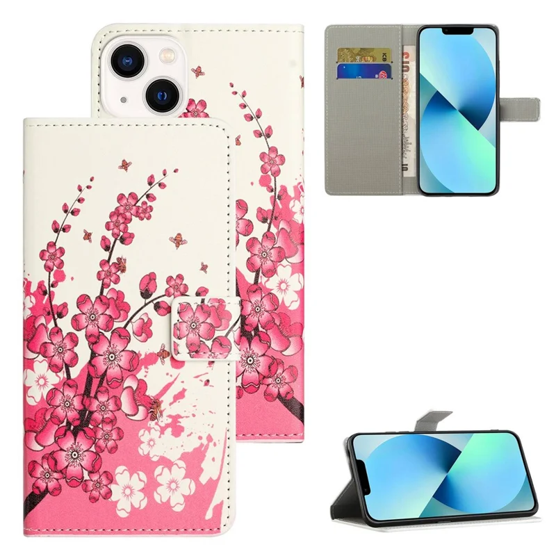 For iPhone 14 6.1 inch Wallet Stand Book Style Magnetic Clasp PU Leather Case Pattern Printing Phone Cover - Plum Blossom