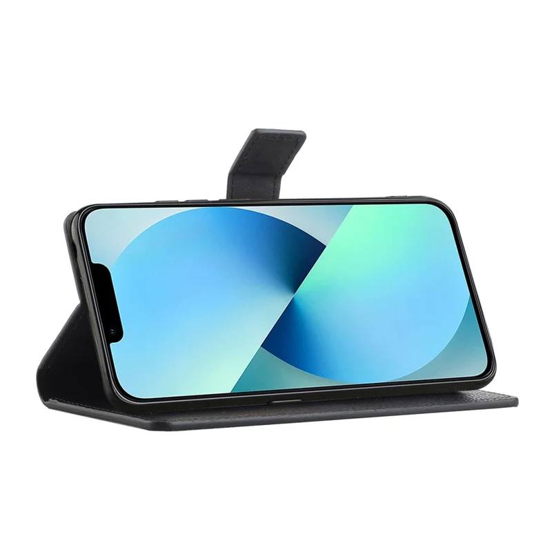 For iPhone 14 6.1 inch PU Leather Flip Wallet Case Stand Anti-wear Anti-fall Litchi Texture Phone Shell - Black