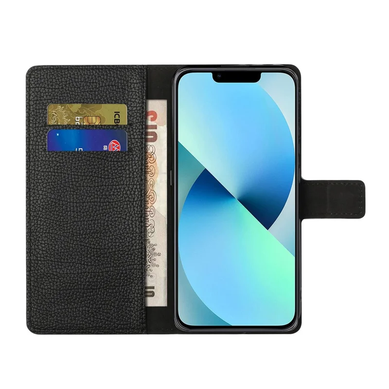 For iPhone 14 6.1 inch PU Leather Flip Wallet Case Stand Anti-wear Anti-fall Litchi Texture Phone Shell - Black
