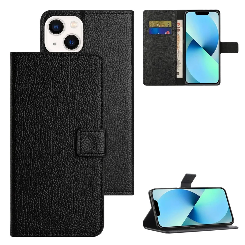 For iPhone 14 6.1 inch PU Leather Flip Wallet Case Stand Anti-wear Anti-fall Litchi Texture Phone Shell - Black