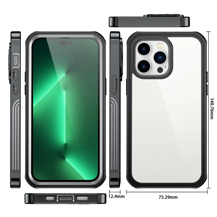 For iPhone 14 Pro 6.1 inch Shockproof Phone Case Full Coverage Hard PC + Soft TPU Hybrid Cover with Tempered Glass Screen Protector