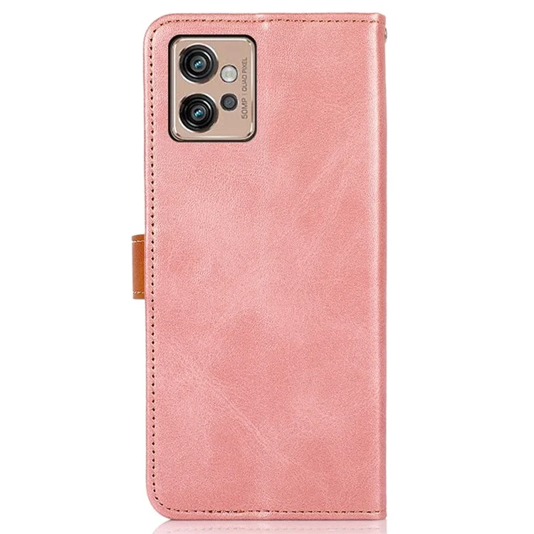 KHAZNEH Phone Case for Motorola Moto G32 4G, Golden Magnetic Buckle Flip Wallet Cover Dual Color PU Leather Protective Shell with Stand - Rose Gold